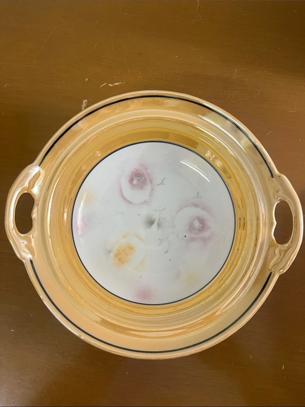 Lusterware Peach Ceramic Serving Bowl with Floral Center and Handles